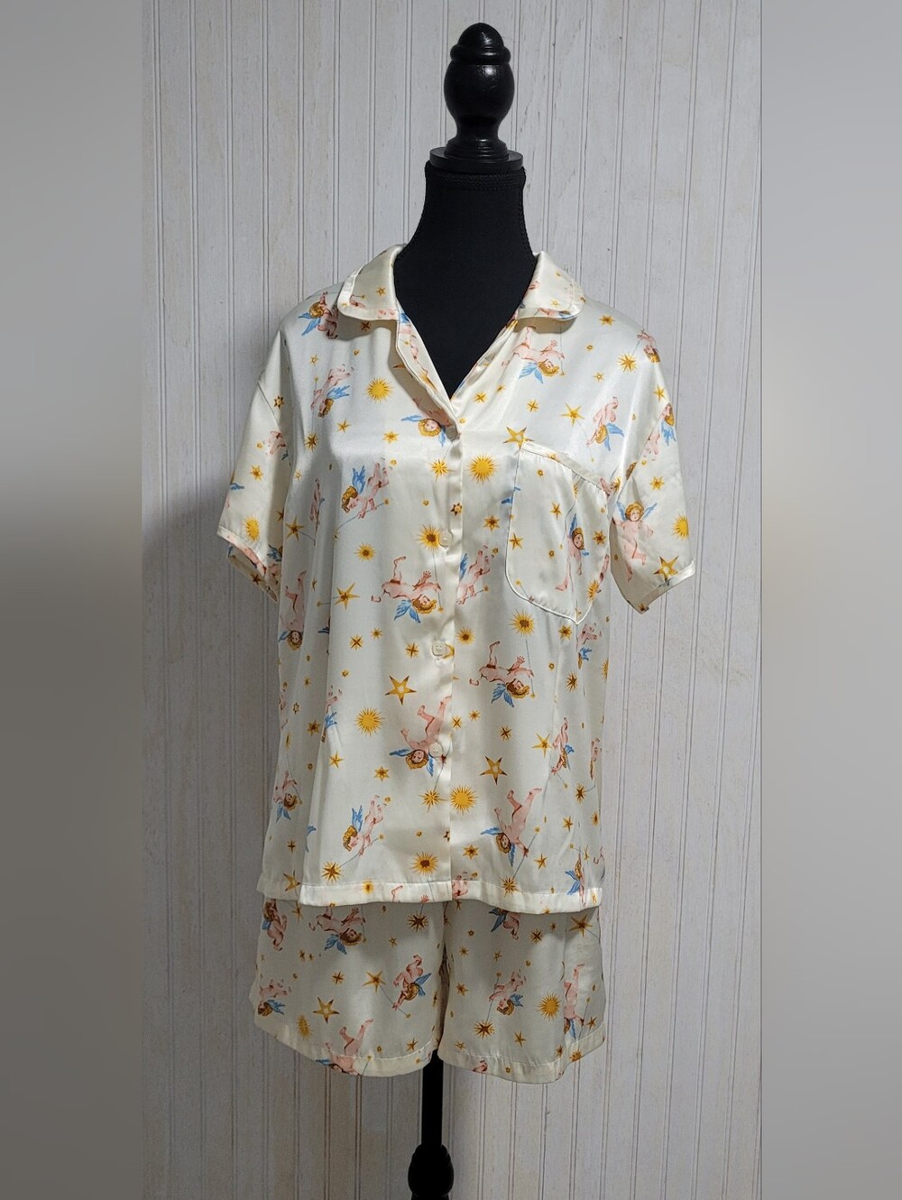 Vintage Esleep Cherub Angel Celestial Satin Pajama Set Size Medium